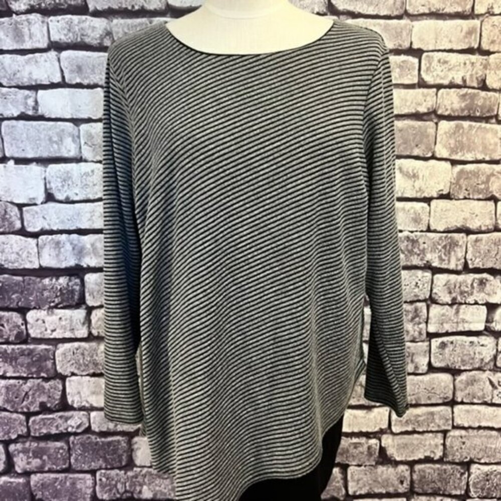 I.N. Studio Black & Gray Long Sleeve Striped Asymmetrical Blouse Size 1X